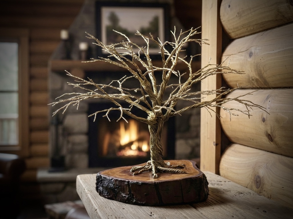 Golden wire tree sculpture on a wood slice in a warm fireside cabin