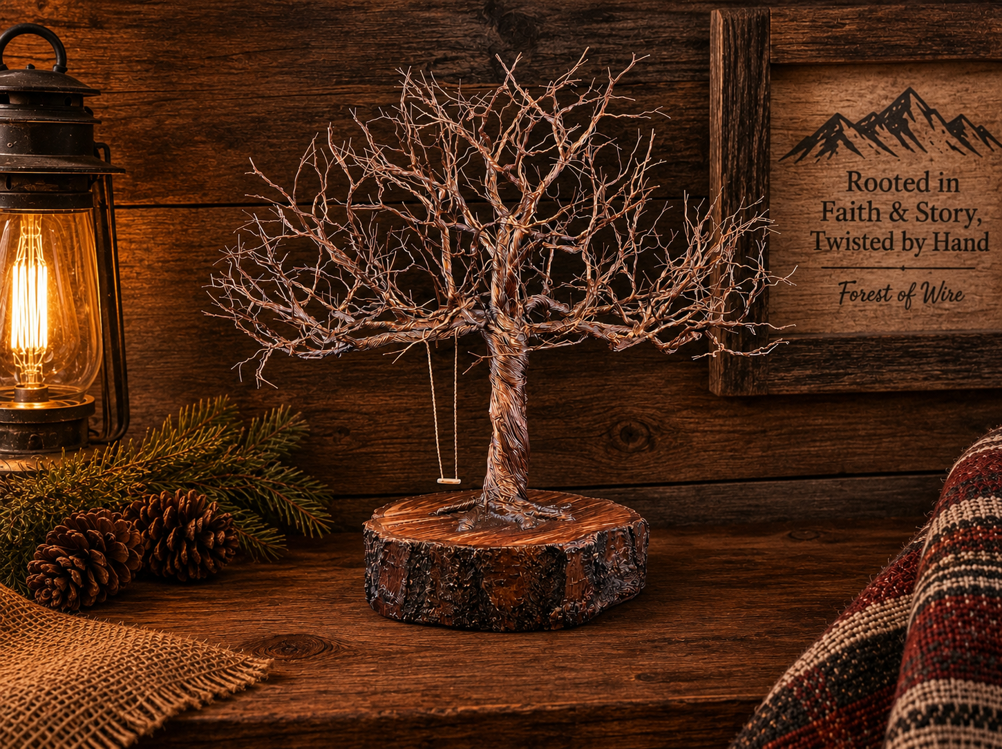 Handcrafted copper wire tree sculpture displayed on a warm wood workbench beside a lantern