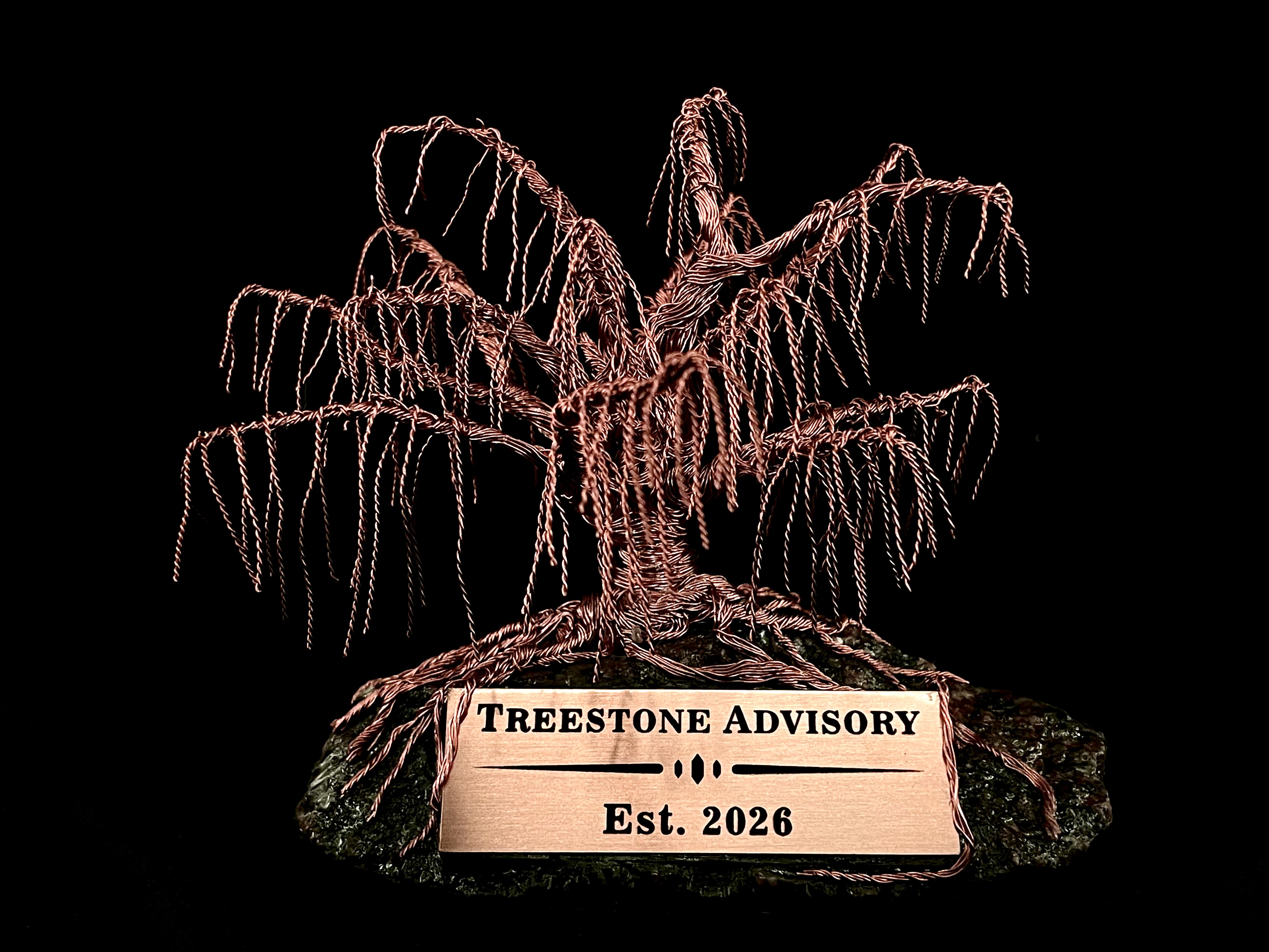 Custom copper willow with an engraved Treestone Advisory plaque